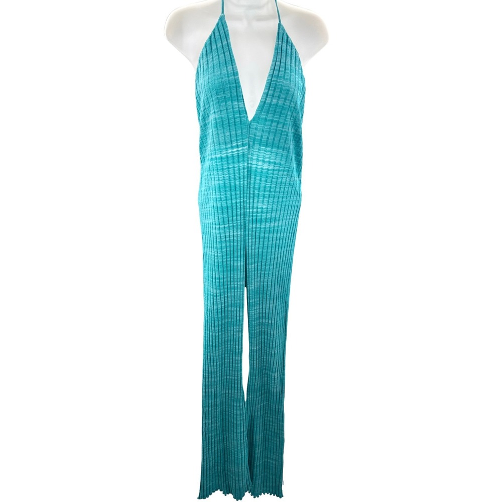 Zara Jumpsuit L Turquoise Ribbed Knit Halter Backless Flare Leg Deep V Neck